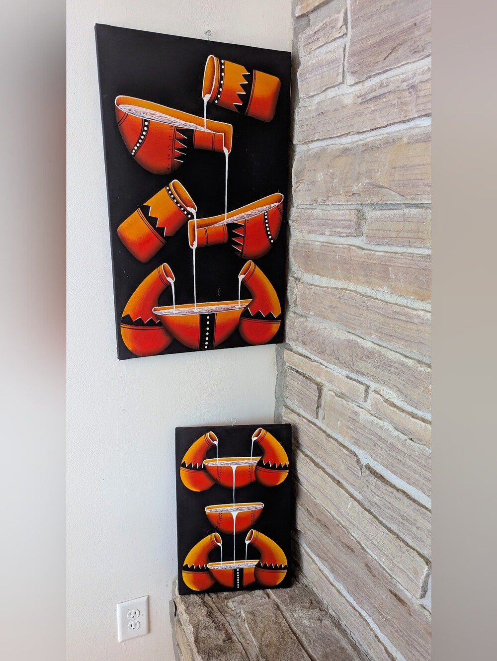 Set of 2 Hand Painted African Oil On Canvas Paintings Tribal Gourd Wall Art